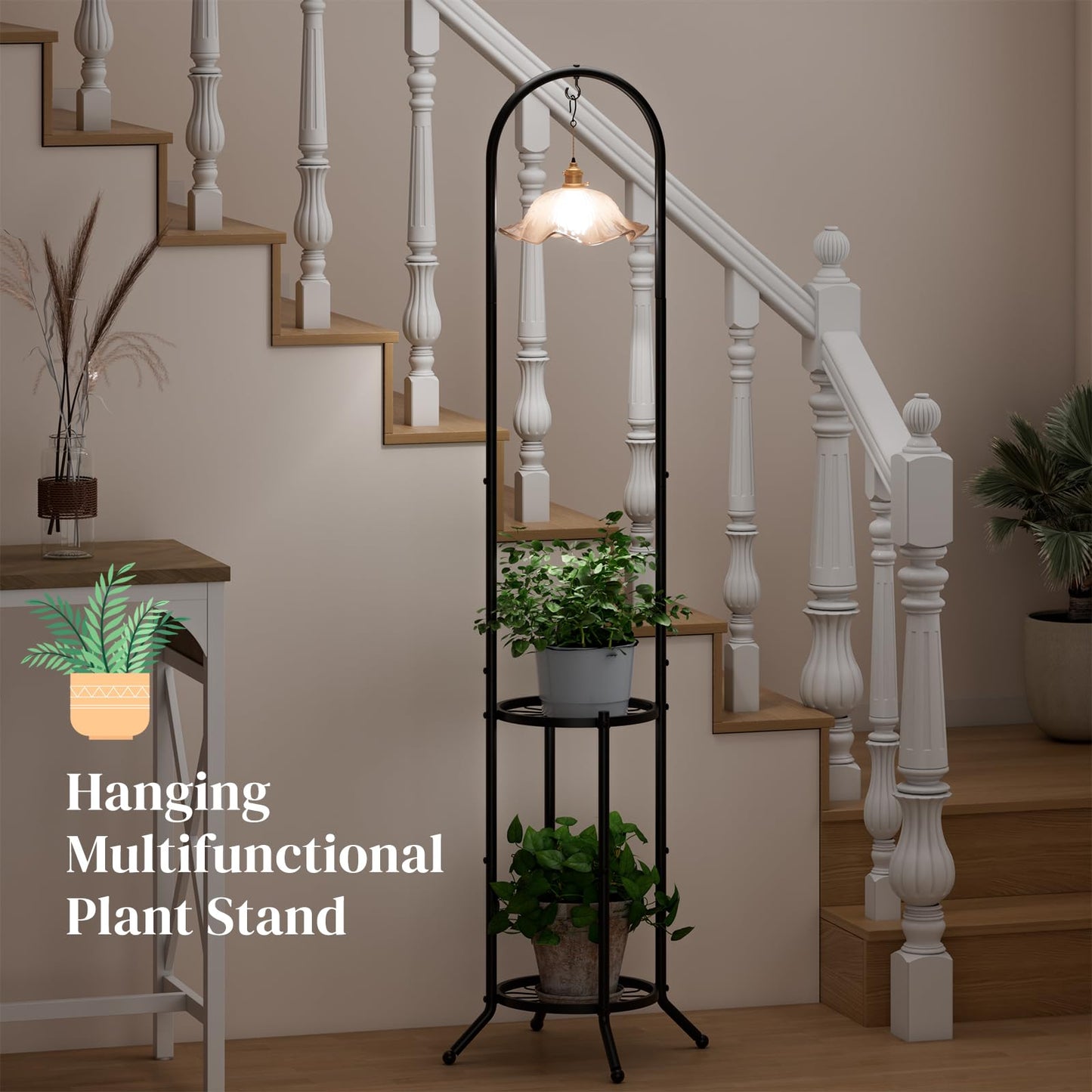 PULIJIAJU 2-tier Hanging Plant Stand Indoor and Outdoor, Space-Saving Iron Plant Shelf, 3 Potted Flower Pot Stand ,Planter Holder for Bedroom Balcony Living Room Patio Garden( n-style)