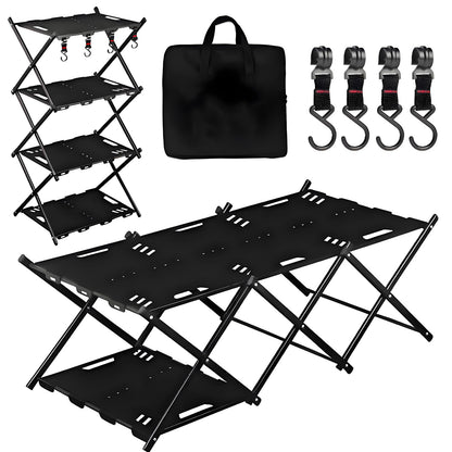 CGLRybO Folding Camping Table Portable Multi-Functional 4-Tier Picnic Rack Carbon Steel 37" with Storage Bag and 4 Hooks Indoor Outdoor, Heavy Duty, Portable, for Picnic, Party, Camping