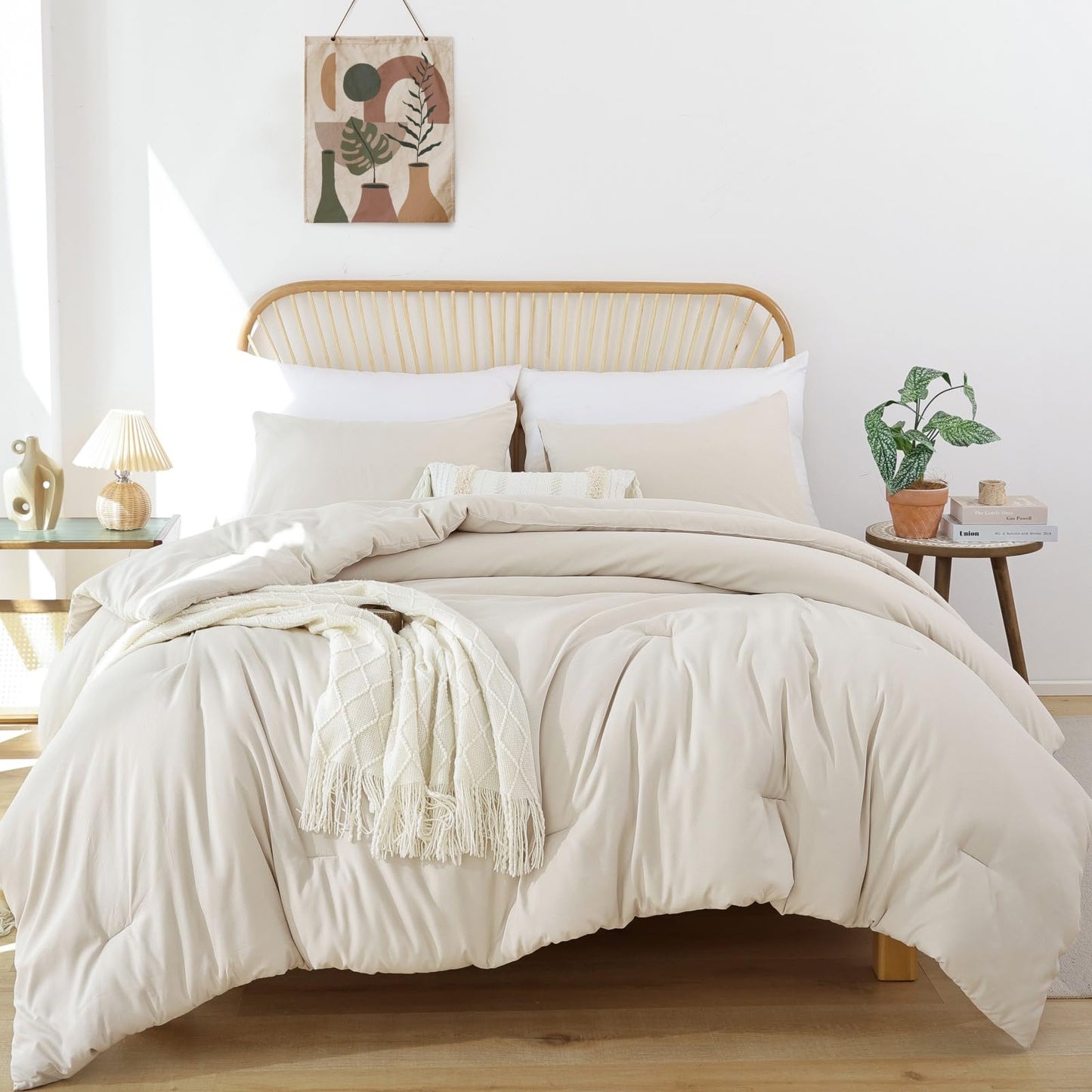 ROSGONIA Beige Comforter Set Queen, 3pcs (1 Boho Beige Comforter & 2 Pillowcases), All Season Bedding Lightweight Soft Bedspread Blanket Quilt