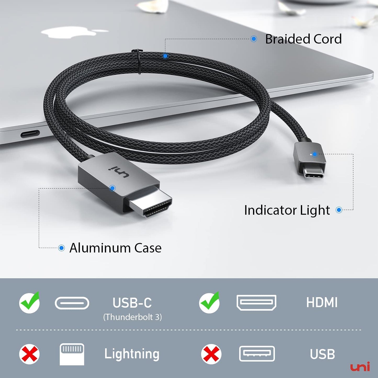 uni USB C to HDMI Cable, [4K, High-Speed] USB Type-C to HDMI for Home Office, [Thunderbolt 3/4 Compatible] for iPhone 16 15, MacBook Pro/Air, iPad Pro/Air, iMac, S23, XPS 17 etc.-1.8m