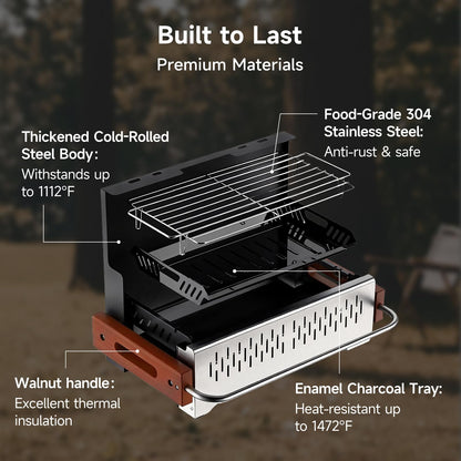 Portable Charcoal Grill and Pots & Pans Cookware Bundle - Compact Outdoor Cooking Set for Camping, Picnics, and Tailgating