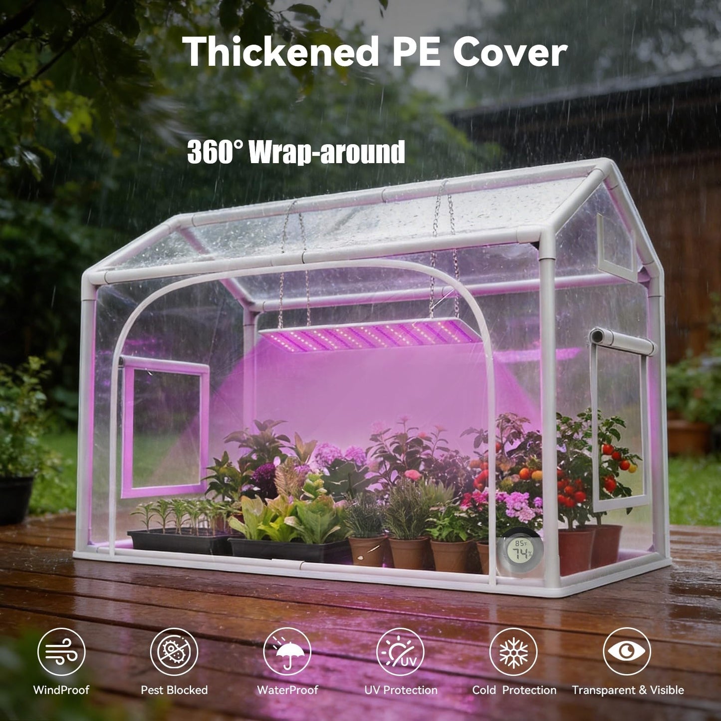 Mini Greenhouse with Grow Light & Timer & Hygrothermograph, 30"x16"x20" Indoor/Outdoor Tabletop Greenhouse with 96 LEDs Dimmable Full-Spectrum Lights (3 Colors), for Houseplants,Seedlings, Outside