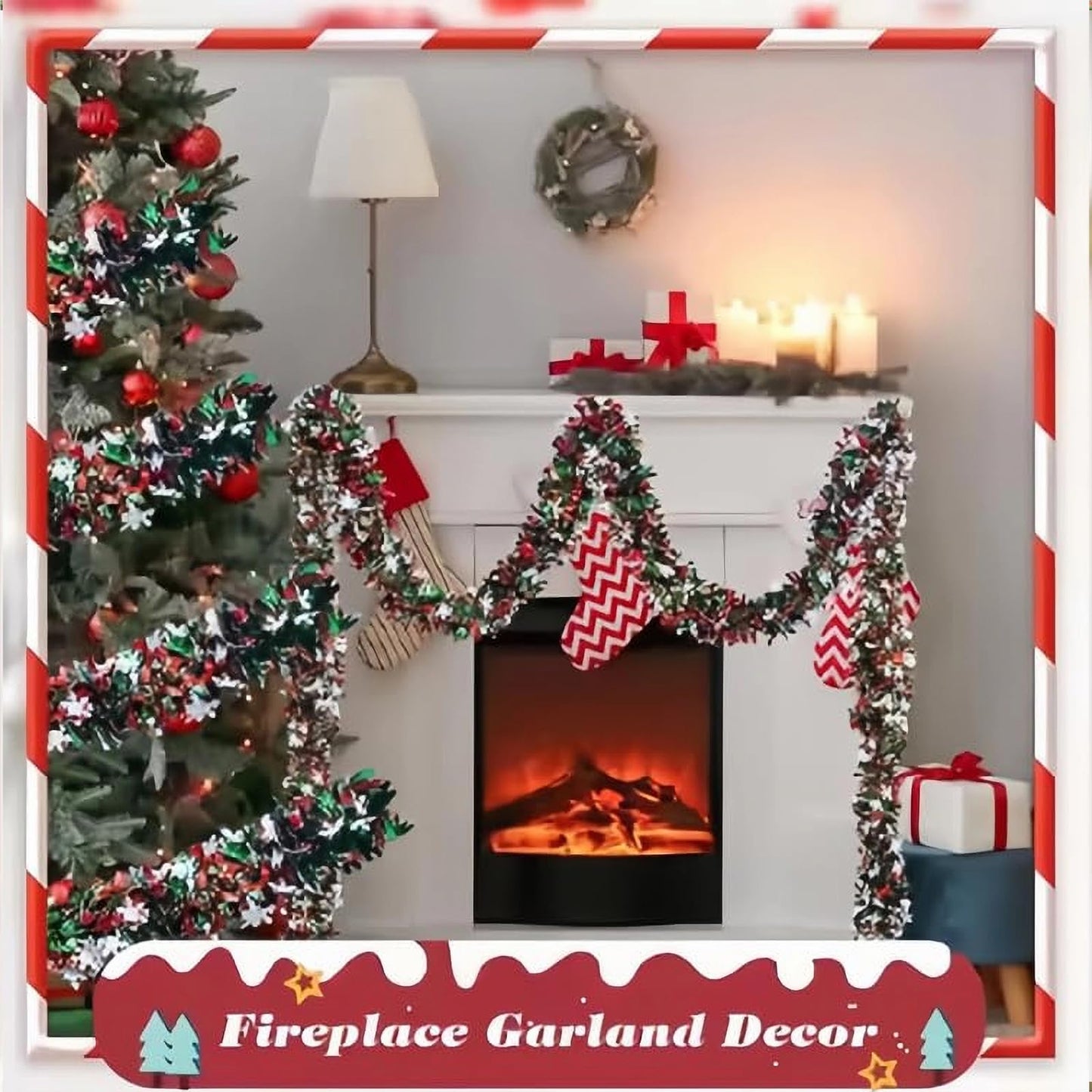 32.8Ft Christmas Snowflake Tinsel Garland, Red Silver Green with Snow Flake Chunky Glittery Holiday Hanging Tinsel Decorations for Christmas Tree (394, Inches, Christmas Snowflake Tinsel Garland)