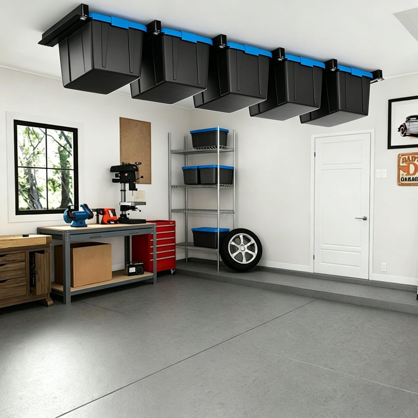 Dedomy Heavy Duty Garage Ceiling Storage Rack System, Overhead Bin Slide Track Rails for 7 Bins (8 Pack), Adjustable Tote Hanger, 176 Lbs Capacity Steel