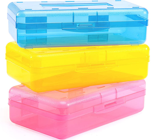 Sooez 3 Pack Pencil Case, Large Hard Pencil Box Bulk, Clear Crayon Box Marker Pen Organizer, Plastic Storage Container with Snap Lid, Stackable Art Craft Organizer Back to School Supplies, Colorful