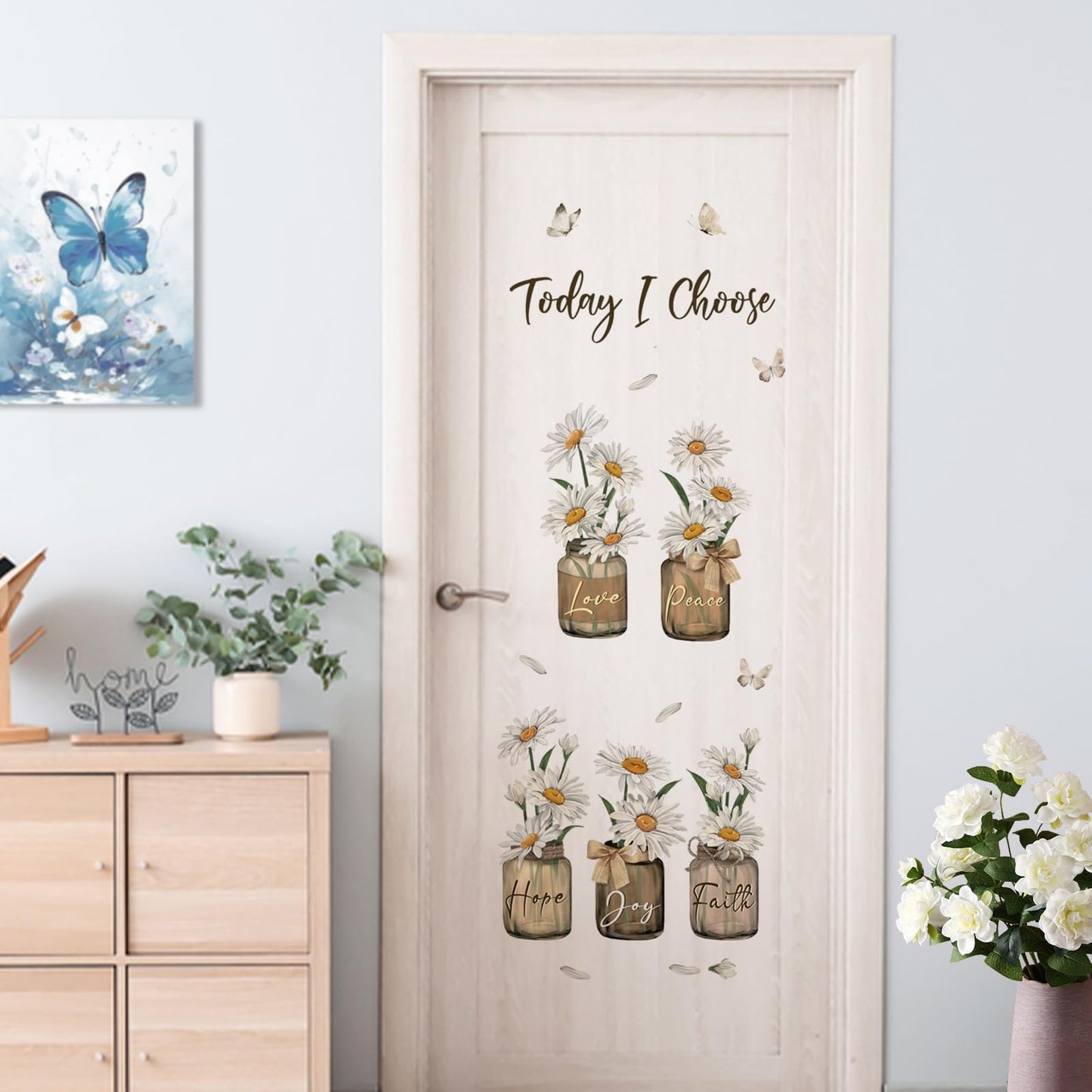 Yovkky Inspirational Quote Daisy Flower Wall Decals Stickers, Positive Today I Choose Love Joy Hope Peace Faith Home Bedroom Decor, Floral Mason Jar Butterfly Living Room Kitchen Decorations Art