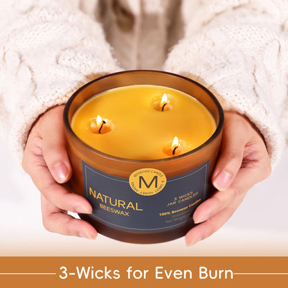 3 Wick Beeswax Candle in Jar, Natural Beeswax Candles Non Toxic for Air Purification, Honey Aroma Bees Wax Jar Candle for Home Decor, Fragrance Free, Paraffin Free