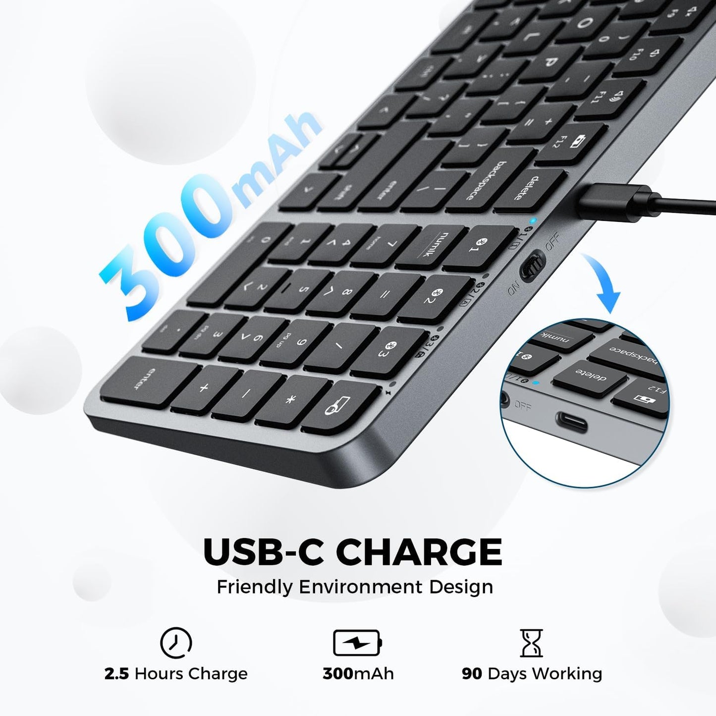 iClever BK20 Bluetooth Keyboard, with Numeric Keypad, Multi-Device Rechargeable and Stable Connection Compact Size Wireless Keyboard for MacBook, Laptop, iPad, Tablet, Windows
