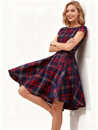 PUKAVT Women's 1950 Boatneck Cap Sleeve Vintage Swing Cocktail Party Dress with Pockets Red Plaid L