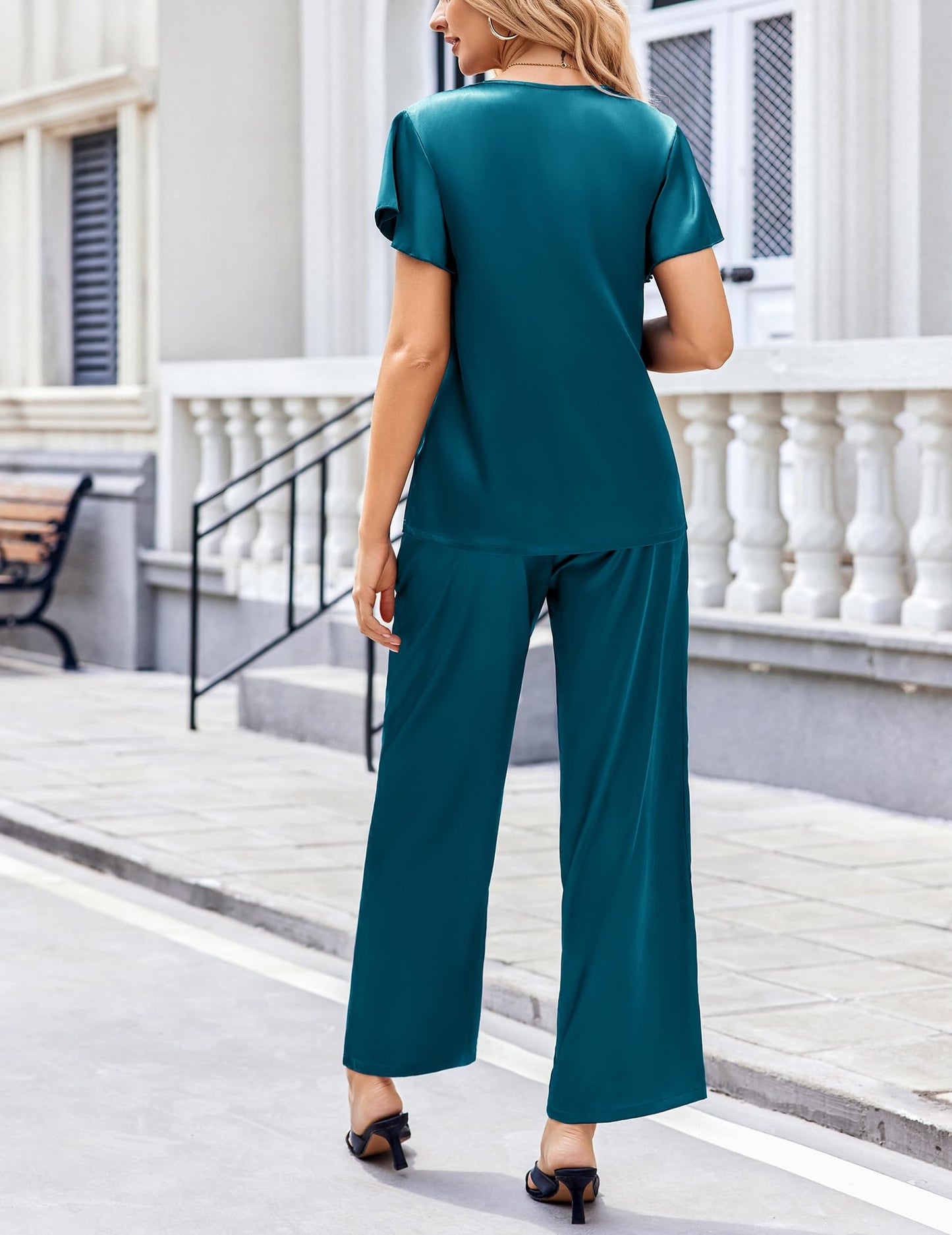 Ekouaer Women's Satin Silky Pajama Set 2 Piece Short Sleeve Shirt with Long Pants Pjs Sets Soft PJ Loungewear S-XXL