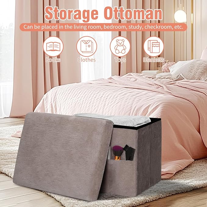 Ottoman with Storage, Folding Soft Fur Ottoman Foot Rest Stool with Thicker