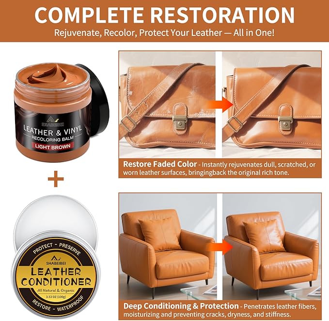 Leather Recoloring Balm with 100ml Mink Oil, Light Brown Leather Repair Kit and