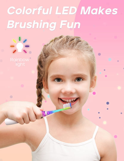 SEAGO Kids Electric Toothbrush with 2 Mins Brushing Timer and 4 Replacement Bursh Heads, Rainbow LED Light Make Brushing Fun, Boys Battery Powerd Toothbrush for 4-12 Years Old，SG-977 (Light Blue)