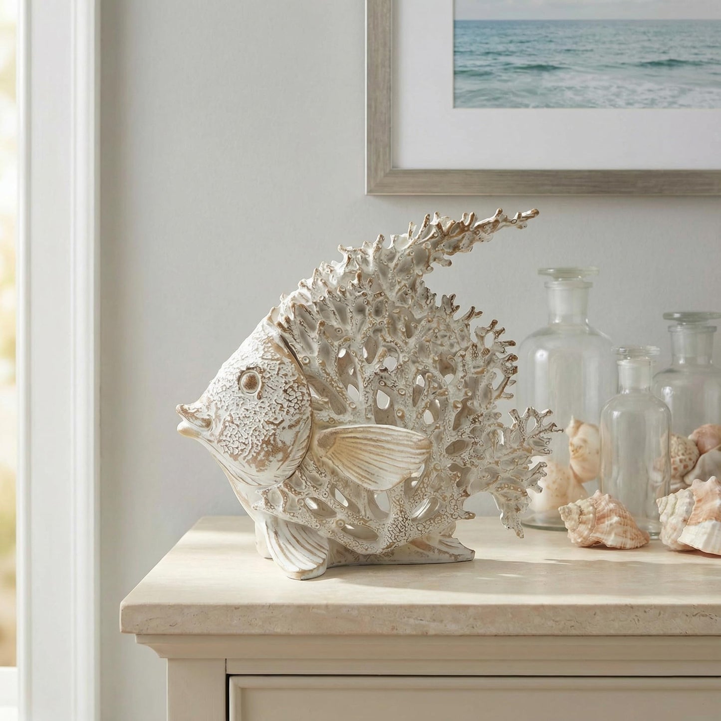 BGBWBFBR Coral Reef Angelfish Statue Coastal Beach Decor Ocean Nautical Figurine for Bathroom Home Office Tabletop Shelf 10in x 9.8 in Pearlescent Dusty Lavender Gray Fish Sculpture
