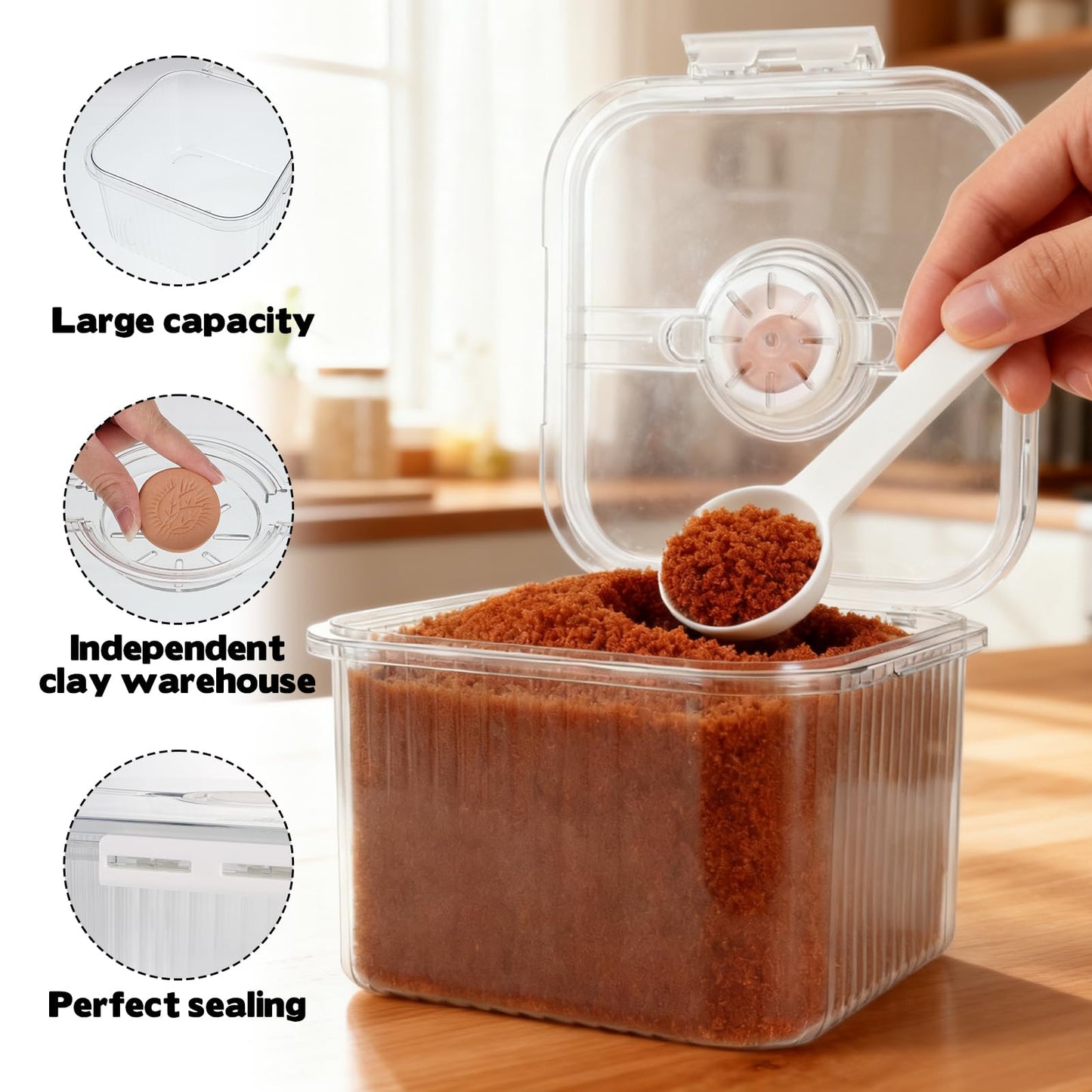 FMOACEN Airtight Brown Sugar Container 5.2Qt(5L) Large Brown Sugar Keeper Storage Container with Spoon Plastic Clear food Saver Jar Canisters with lid for home kitchen Rice Container Baking Salt Snack