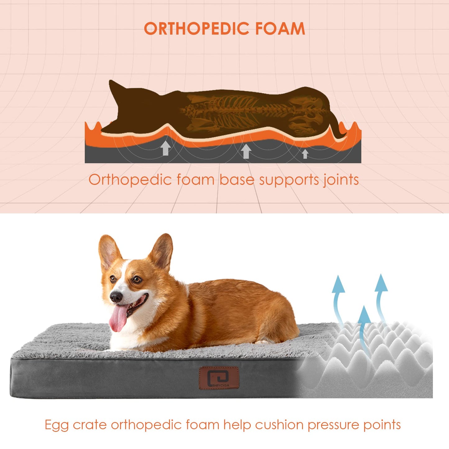 EHEYCIGA Orthopedic Dog Beds Large Mattress with Removable Washable Cover for Crate, Grey, 91x68x9cm