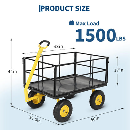 Heavy Duty 1500 Lbs Capacity Mesh Steel Garden Cart Folding Utility Wagon with Removable Sides, Garden Cart on Wheels for Gardening Soil, Tools, and Plant Transport