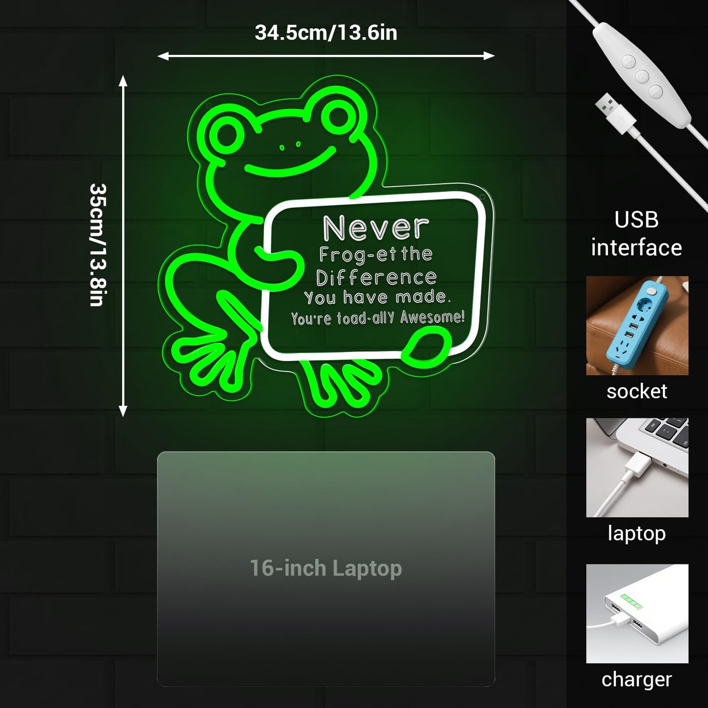 LMHSE Frog Neon Sign Dimmable Classroom Neon Sign for Wall Decor, Room Decor for Teen Girls, Bedroom, Home Decoration, Gifts for Birthday, Christmas (Frog-Green)