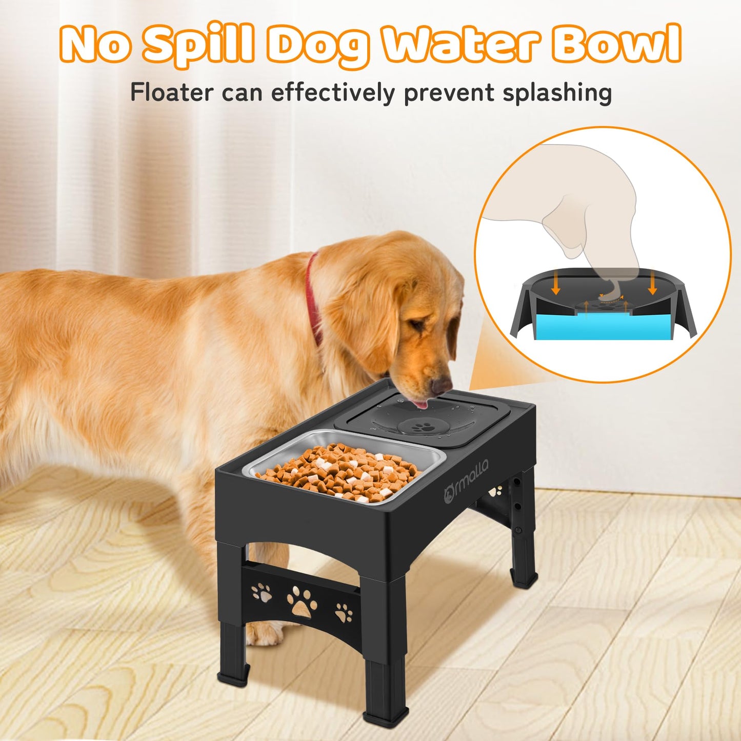 Ormalla Elevated Dog Bowls with No Spill Dog Water Bowl, Raised Stainless Steel Dog Food Bowl for Large Medium Small Dogs, Non-Slip Dog Bowl Stand, 4 Heights 3.7", 8.5", 10.1", 11.7",Black