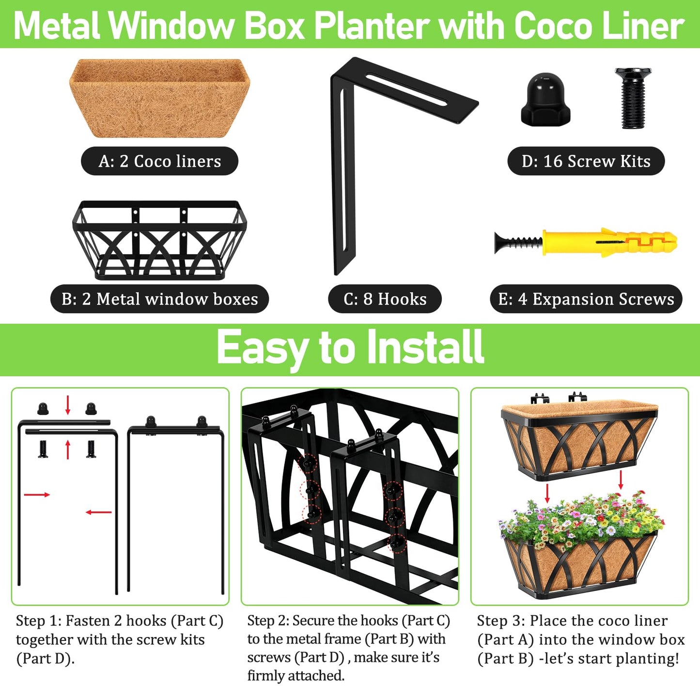 Riare 2 Pack 16 Inch Metal Railing Planter Window Box with Coco Liner- Adjustable Window Flower Boxes for Railings, Hanging Rail Planters for Deck, Balcony, Porch, Fence, Indoor Outdoor Plants