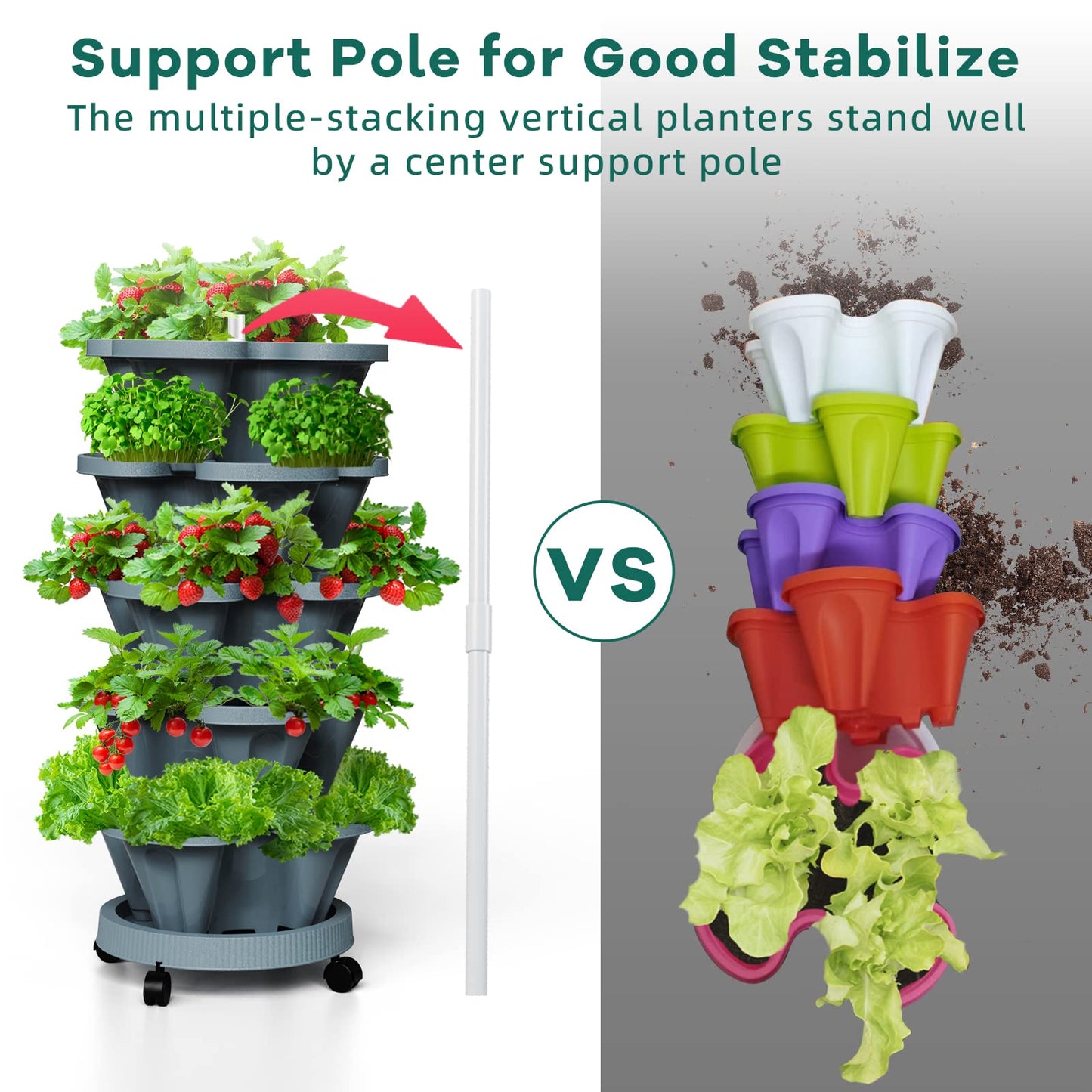 Tectsia 7 Tiered Strawberry Vertical Planters Tower Garden 2 Pack, Stacking Herb Vegetable Planter with Support Pole Indoor and Outdoor - Dark Grey