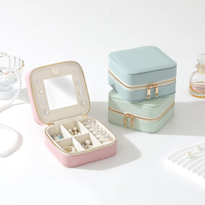 NGVRC Genuine Leather Travel Jewelry Organizer Case with Mirror for Women, Small Mini Portable Jewelry Box for Ring Earrings Necklace Bracelet Luxury Gift for Women（Lilac）