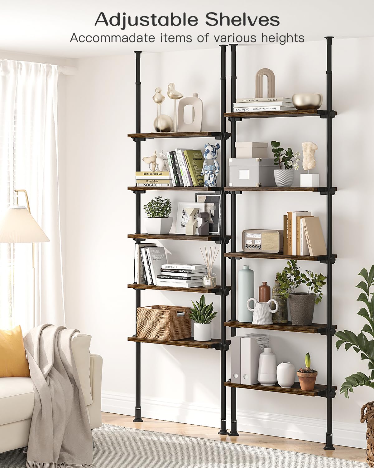 ALLZONE Adjustable Tall Narrow Bookshelf, 5-Tier Floor-to-Ceiling Tension Mount Ladder Book Shelf with Storage for Versatile Uses, Fits 92-116 Inch Ceilings, 27.84-Inch Wide Wood Shelves, Rustic Brown