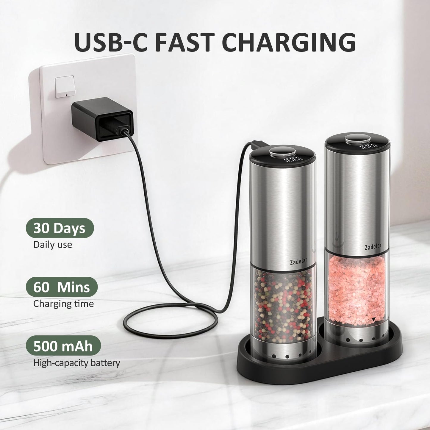 Rechargeable Electric salt and pepper grinder set with Storage Base,Automatic Refillable Salt and Pepper Shakers with LED Display,Upgraded Large Capacity,External Adjustable Coarseness for Mom Gifts