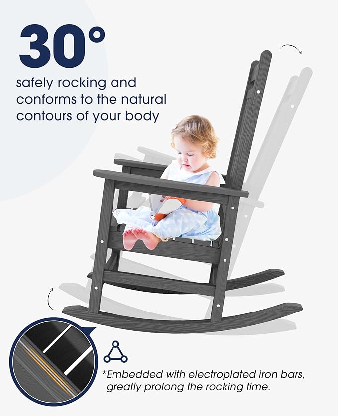 KINGYES Oversized Outdoor Rocking Chair Set of 4, All-Weather Patio Rocking Chairs for Porch, HDPE Outdoor Patio Rockers with High Back & Wide Seat for Garden, Lawn, Gray