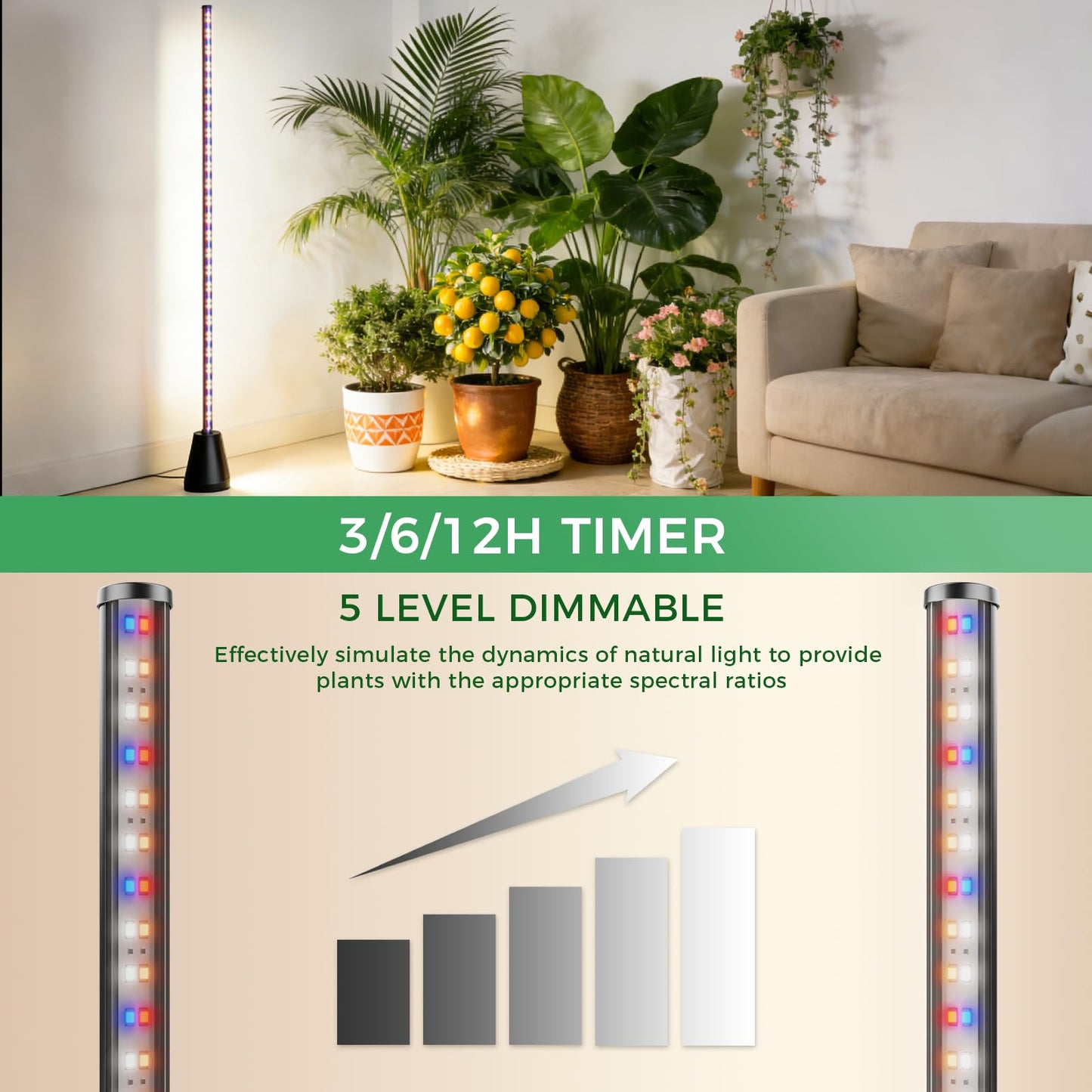 Grow Lights for Indoor Plants with Timer, 60 Inch Vertical Grow Light Full Spectrum 192 LEDs 24W with 3/6/12H Auto On/Off Remote 3 Light Modes 5-Level Dimmable Standing Plant Lamp