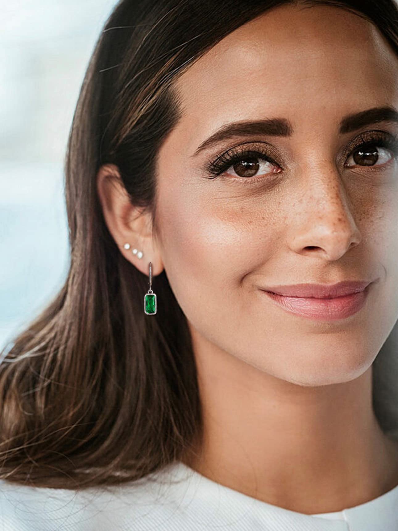 Bestyle Green Emerald Drop Earring with Hypoallergneic Silver Huggie Hoops - Shimmer May Birthstone Dangles Silver Earring for Women - Dainty Cute Earrings for Mom Wife Grandma