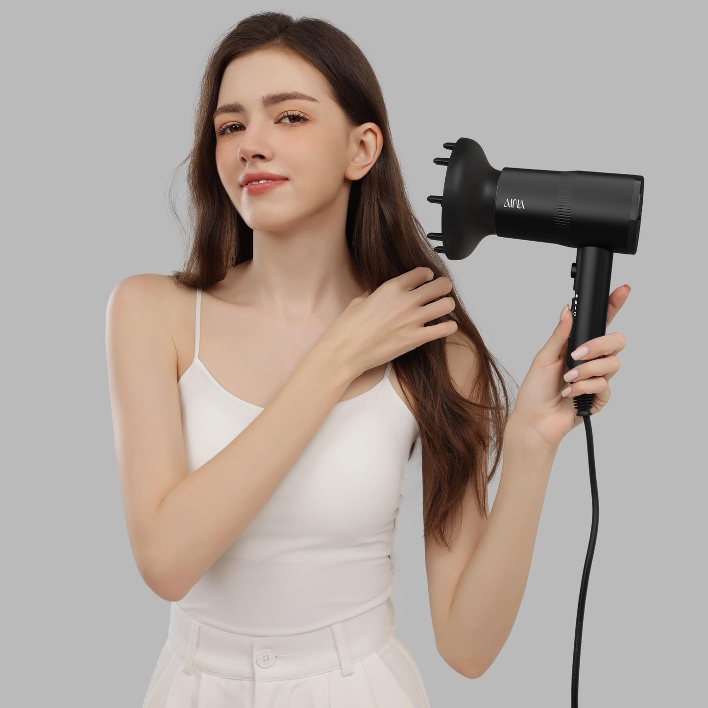 AINA Hair Dryer with Diffuser, Blow Dryer for Women | Advanced Ionic Technology, Ceramic Coating | Cold Shot Features Turbo Heat for Fast Drying and Shine 230v~ (Vader Black)