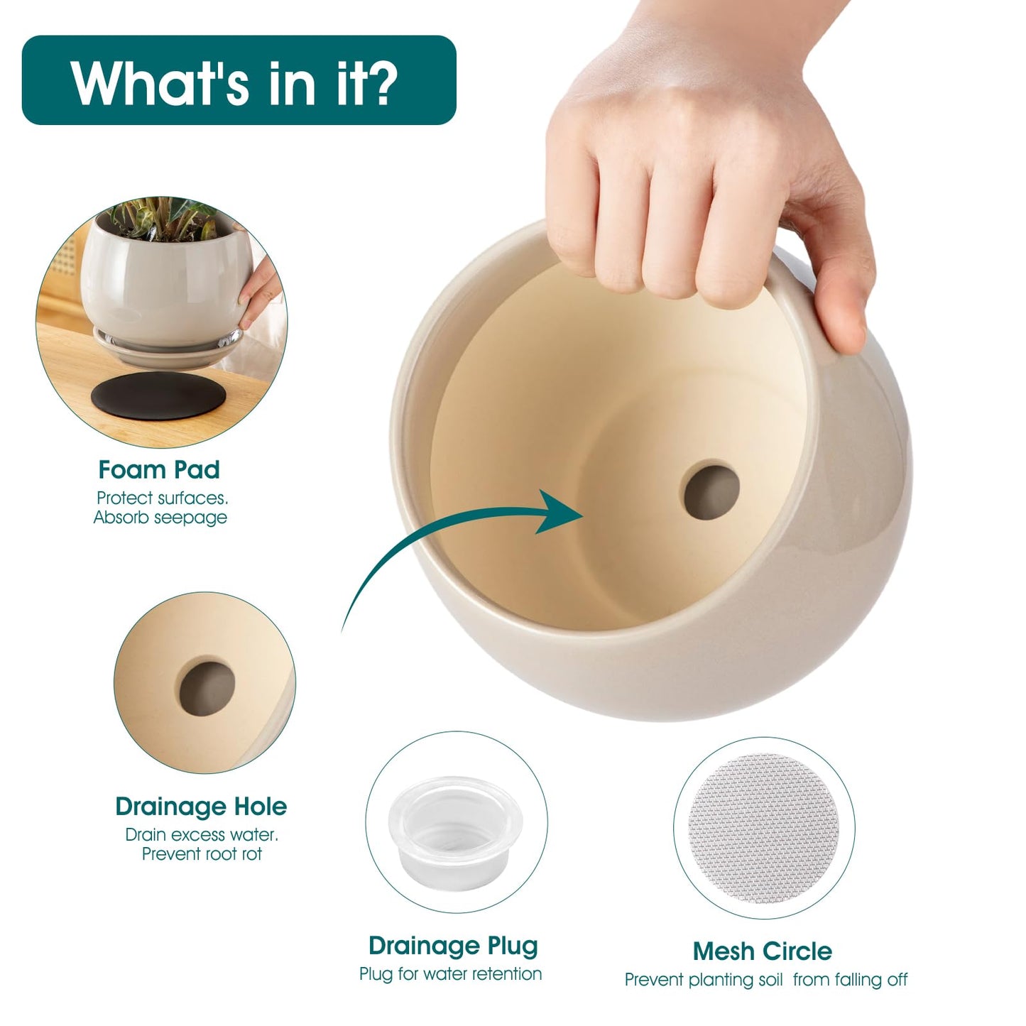 vancasso 3-Pack Ceramic Plant Pots, 3.7/4.8/6.2 Inch Indoor Planters with Saucers & Drainage Hole Planter pots for Indoor Plants and Flower, Gray