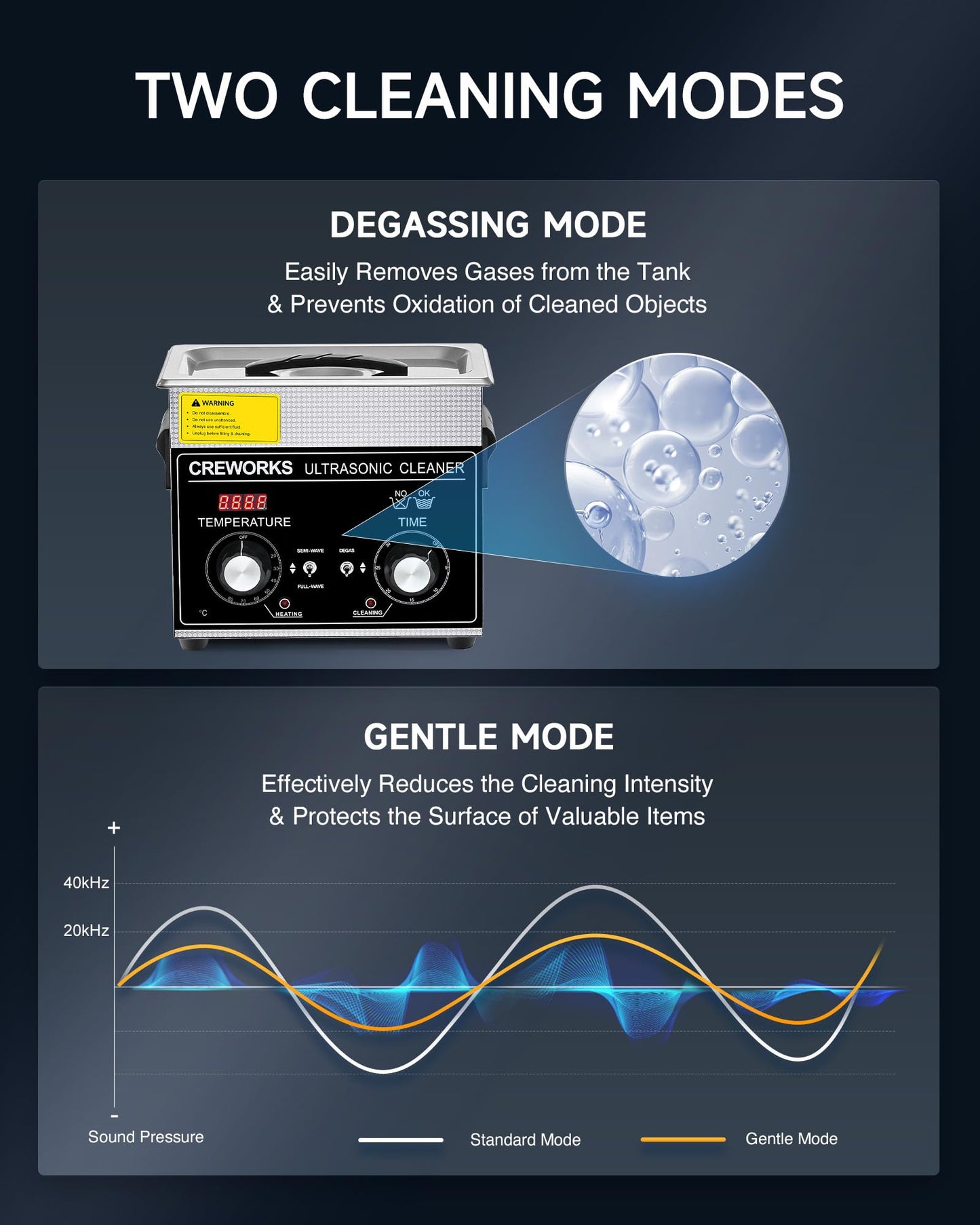 CREWORKS 3L Ultrasonic Cleaner with Heater and Timer, 120W Stainless Steel Ultrasonic Cleaning Machine with Degas & Gentle Modes, Ultrasound Washing Machine for Jewelry Glasses