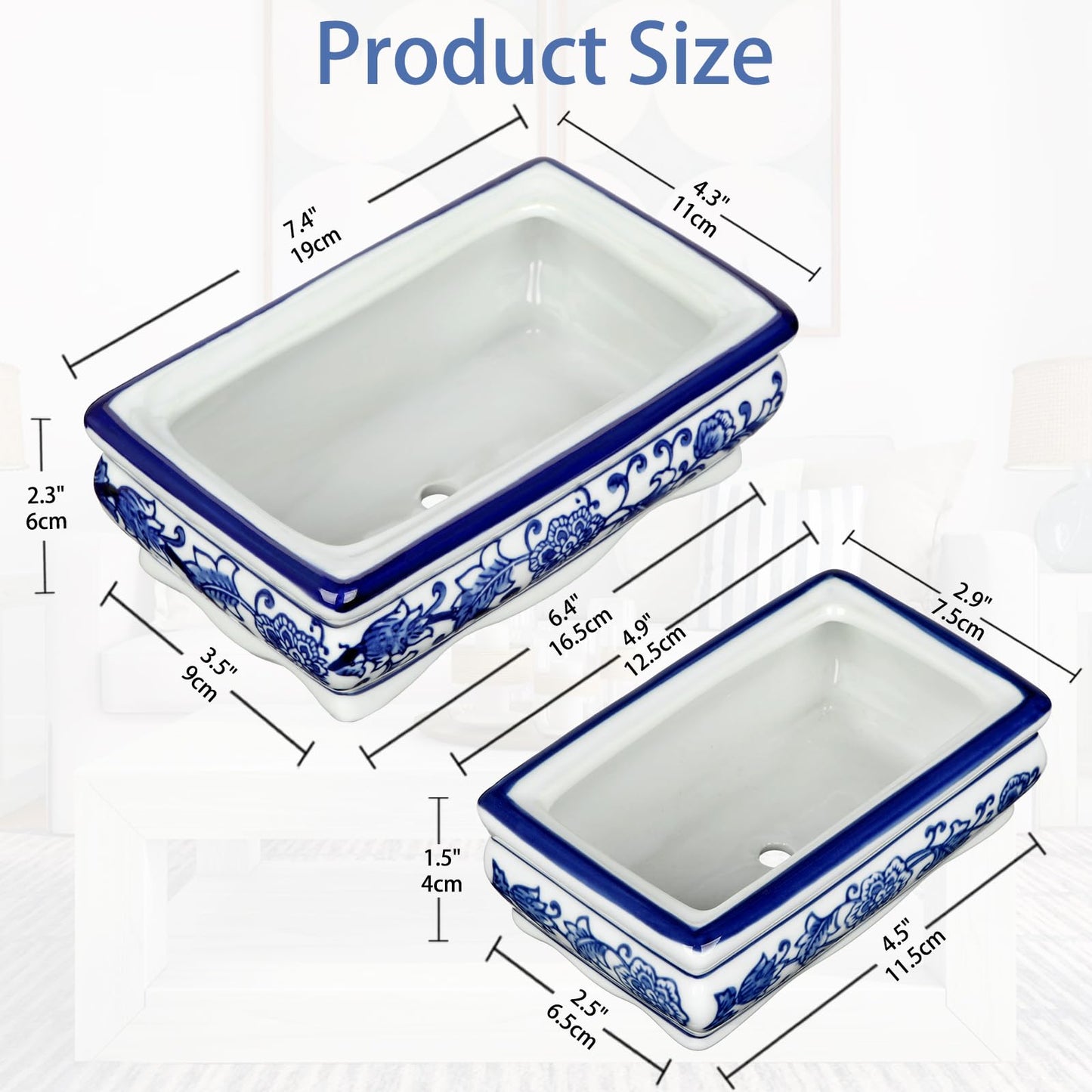 Set of 2 Blue & White Ceramic Bonsai Pots, 7.4" & 4.9" Rectangular Bonsai Planters Pots with Drainage for Outdoor Decor, Small Shallow Bonzie Tree Pot for Succulents, Cacti, Orchids, Herbs Plant Pot