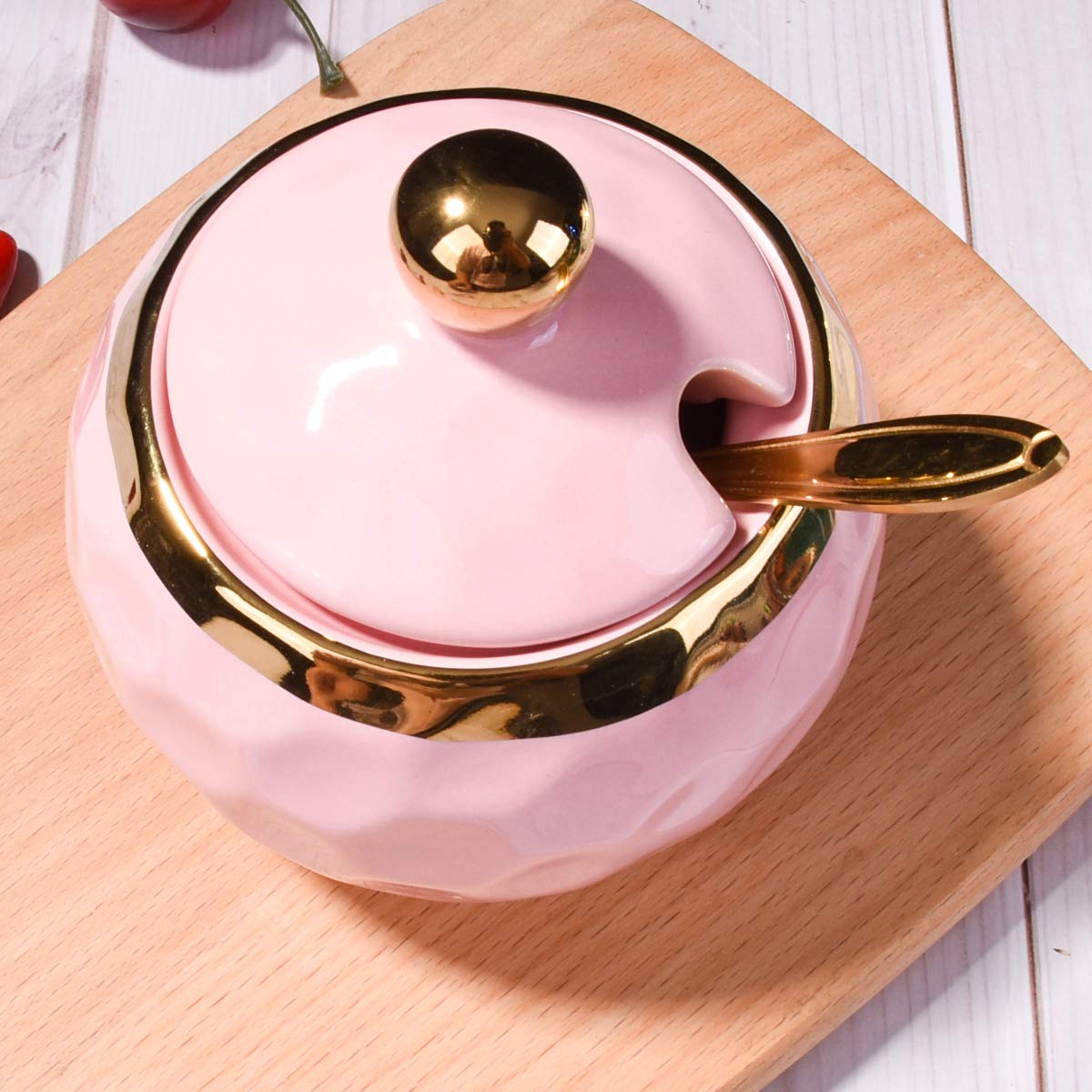 BOSILI Ceramic Sugar Bowl with Spoon Golf Shaped Ceramic Salt Container with Lid for Home and Kitchen (Pink)