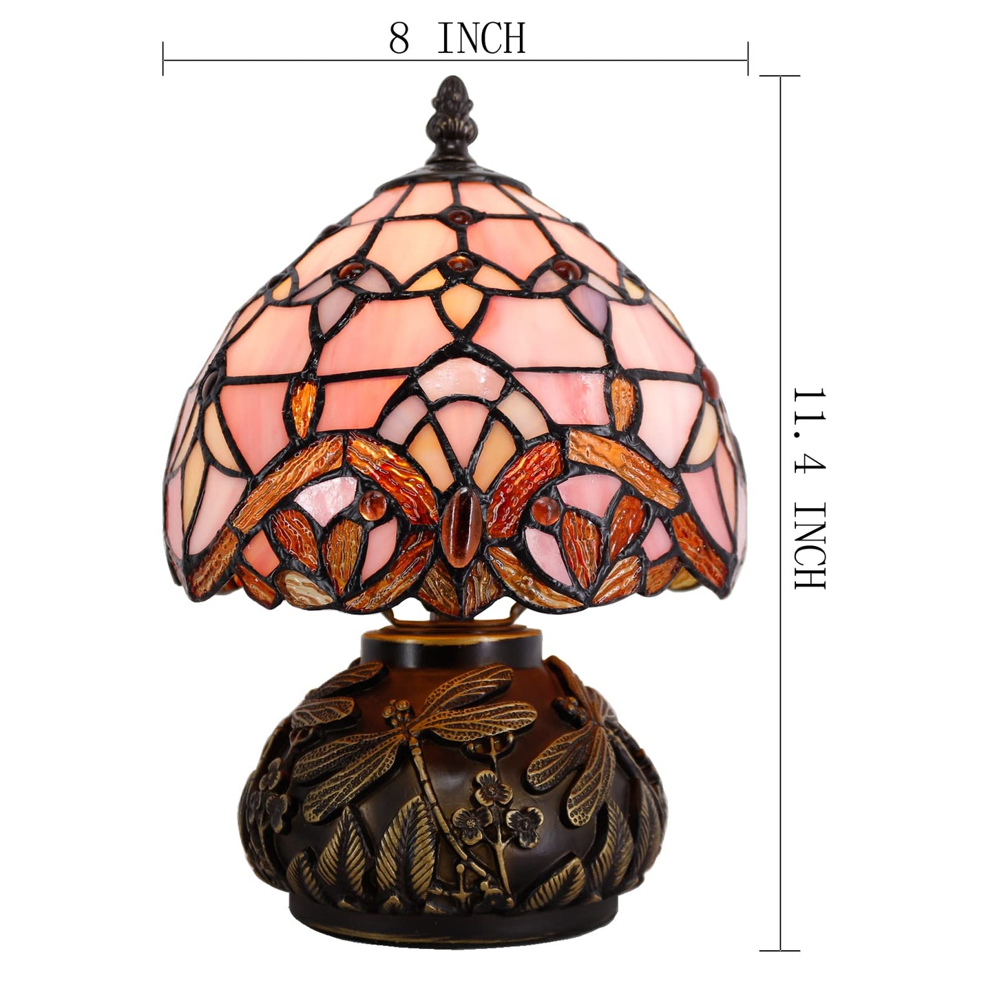 WERFACTORY Small Tiffany Lamp Desk Pink Stained Glass Baroque Mushroom Table Lamp Bronze Mini Accent Lamp W8H11 Inch S003P Series