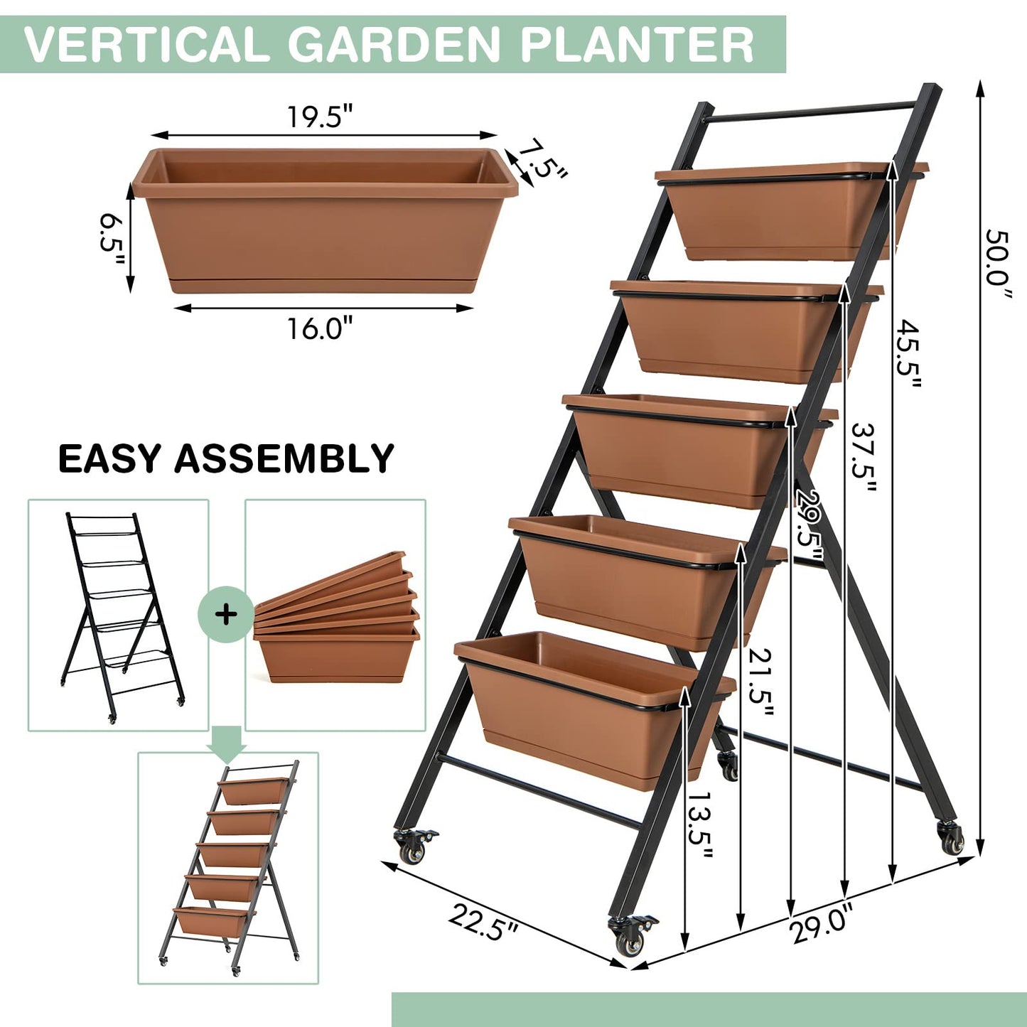 S AFSTAR 5-Tier Vertical Garden Planter, Raised Garden Bed with 2 Lockable Wheels, 6 Removable Planter Boxes, Metal Frame, Indoor Outdoor Elevated Planting Box for Flower Vegetables Fruit Herbs