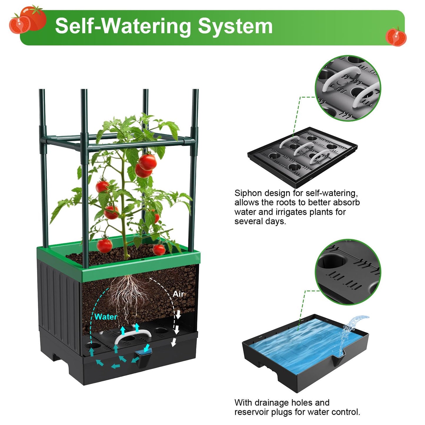 MQHUAYU Raised Garden Bed Planter Boxes with Trellis,1pcs 70.9" Self-Watering Tomato Planter Boxes with Trellis for Climbing Vegetables Plants Flowers Tomato,Use for Indoor Outdoor (Black)