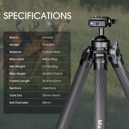Manbily Carbon Fiber Hunting Tripod, 36mm Thick Leg Shooting Tripod with 360 Degree 44mm Large Ball and Picatinny to Arca Swiss Adapters, Max Load 44 lbs - TS-364PA