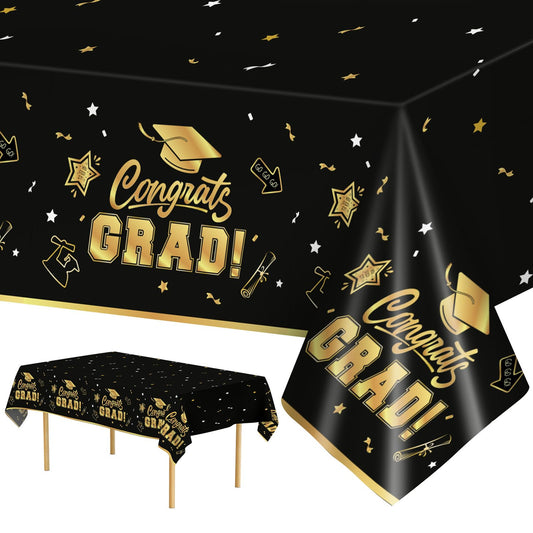 2 Pack Graduation Tablecloth - Congrats Grad Table Cloths, Plastic Disposable Rectangle Black Gold Class of 2025 Table Cover for Graduation Tables Decorations Party Decor Supplies Favors,108 x 54 Inch