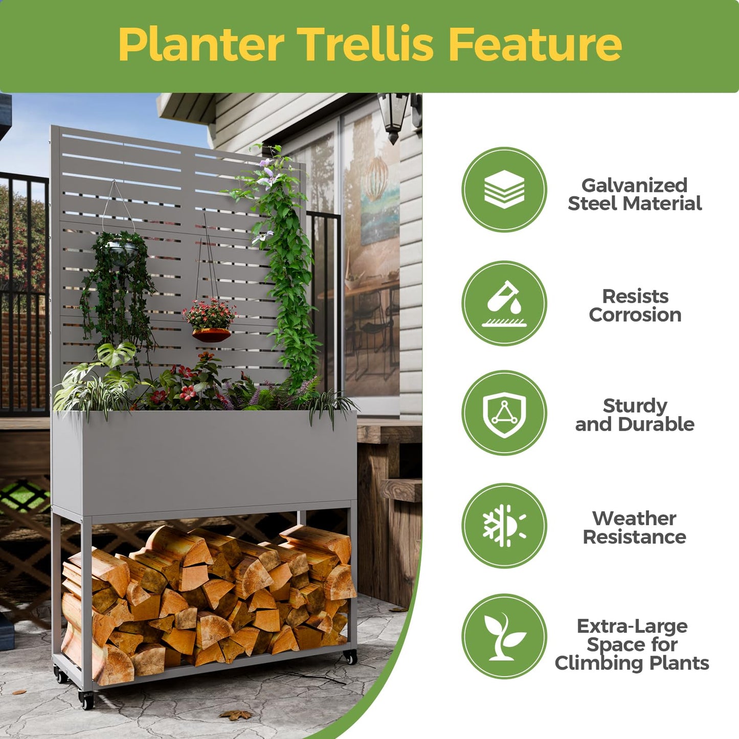 Metal Planter Box with Trellis, 3 in 1 Raised Garden Bed with Trelli & Firewood Rack, Privacy Planter Screen for Climbing Plants, Vine, Outdoor Garden Standing Beds with Drainage Holes, Wheels,Grey