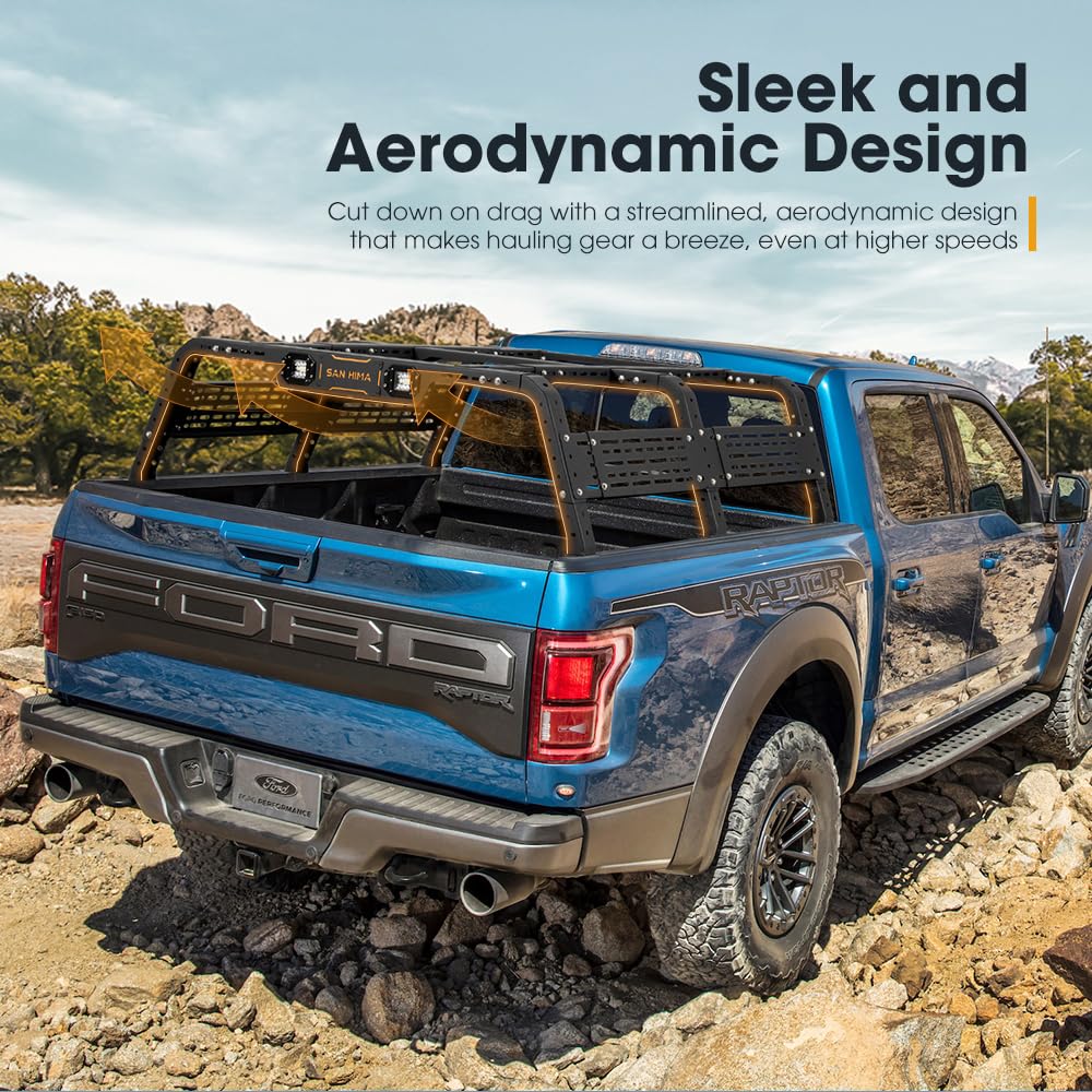 SanHima Adjustable Truck Bed Rack w/LED Lights - Overland Universal Bed Rack for Full-Size Trucks Without Factory Bed Rails/Tonneau Bed Cover