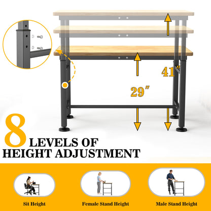 Ultrawall Workbench for Garage, 47.5" Adjustable Height Work Table, Heavy Duty Rubber Wood Workstation for Workshop, Office, Home, 2000 LBS Load Capacity