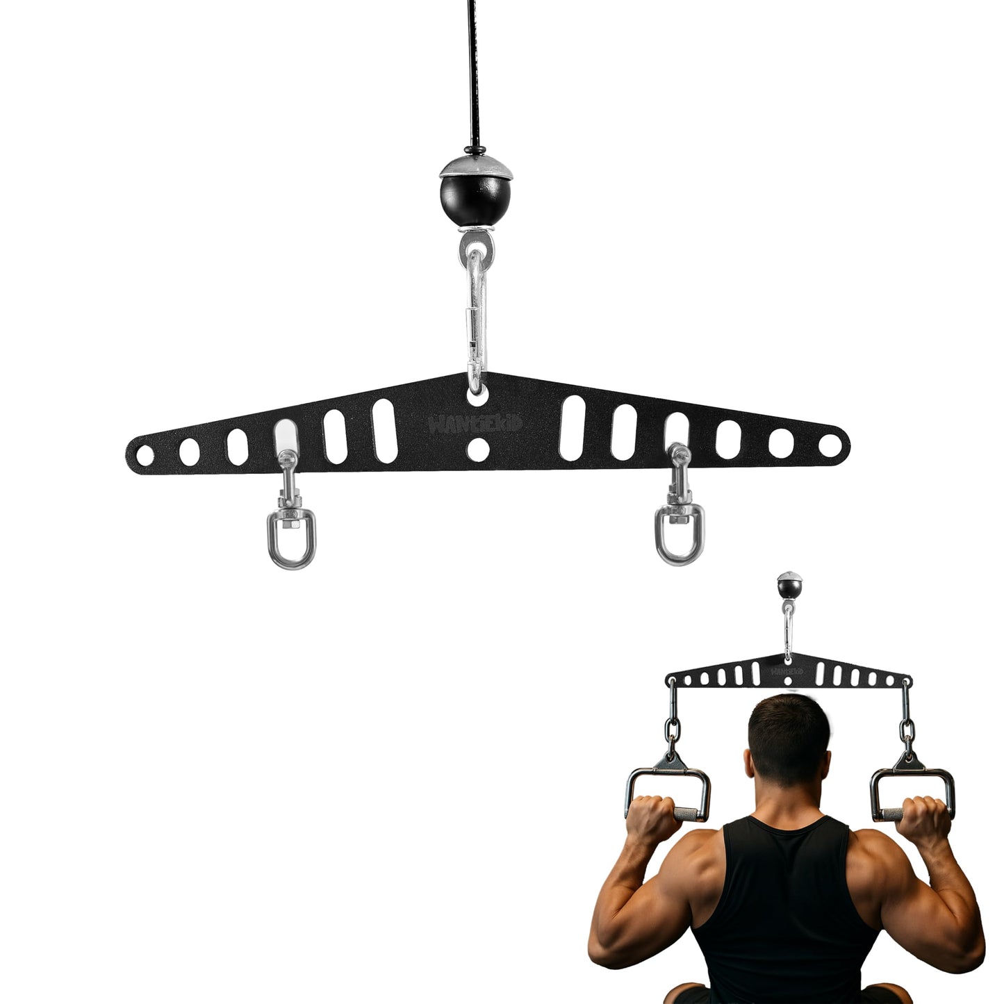 wantiekid Multi-Grip LAT Pull Down Bar Hardened Powder-Coated Finish, 360° Rotating Stainless Steel Adapter, Neutral & Wide Grip Spreader Bar for Pulley System Gym & Cable Machines(16in)