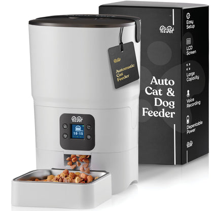 Smart Automatic Cat Feeder - 6-L Reliable Automatic Cat Food Dispenser with Display LCD Screen for Easy Set Up - (White)