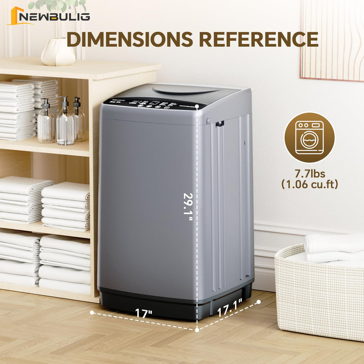 NEWBULIG 1.06 Cu.Ft Portable Washing Machine, 7.7 lbs Capacity Full-Automatic Compact Washer with 10 Wash Cycles & Auto-Balance, for Apartment RV Dorm Camping