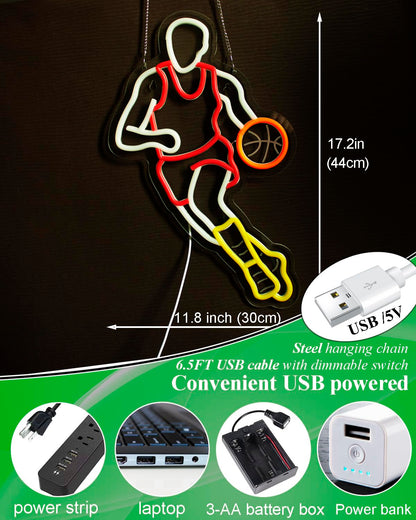 Basketball Neon Signs for Wall Decor,Sport Basketball Player LED Neon light, Dimmable USB Powered, Decor for Home Gym Bedroom Man Cave Arena Room Bar Garage,Gift for Basketball Fans