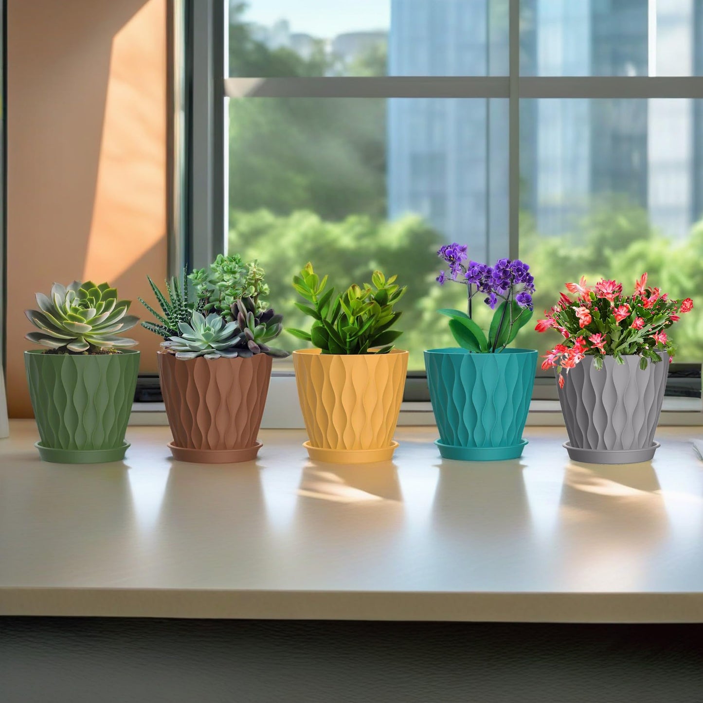 SQKH 6 Inch Plant Pots, 6 Pack Indoor Flower Pots, Planters with Drainage Holes and Trays for Orchids, Violets, Succulents, Herbs, and Other Plants,Corolful