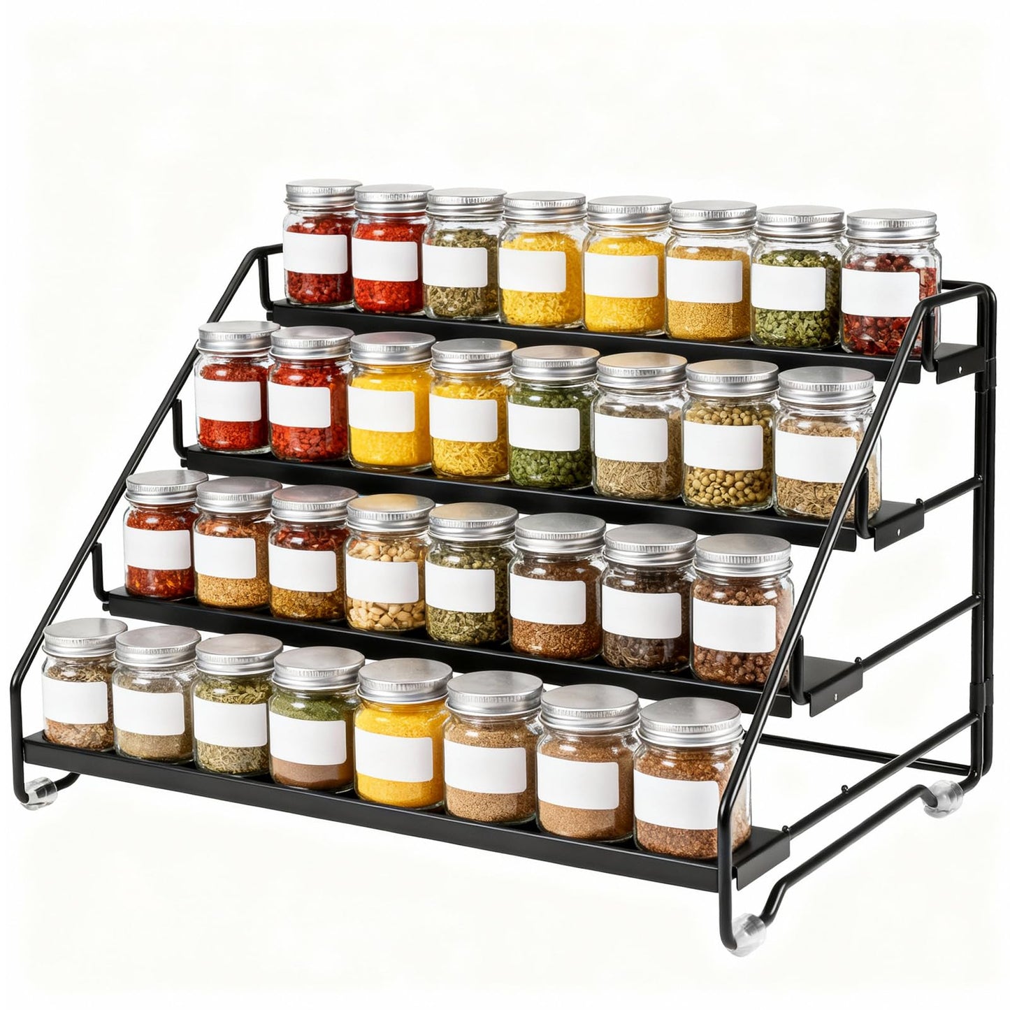 Exclaith 4 Tier Spice Rack for Cabinet, Step Adjustable Spice Shelf, Metal Step Spices Storage Holder with Protection Railing, Seasoning Organizer for Countertop, Cupboard, Pantry